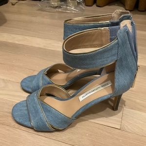 Diane von Furstenburg denim sandals with gold trimming, size 6, blue denim.